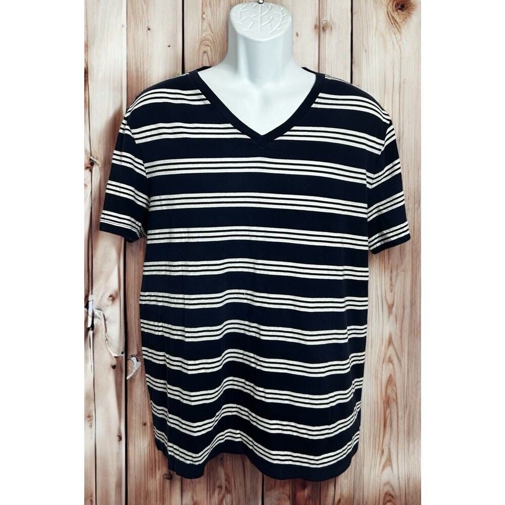 Men's GAP Navy Blue Striped V-Neck Tee Sz Large Short Sleeve Shirt Cotton
